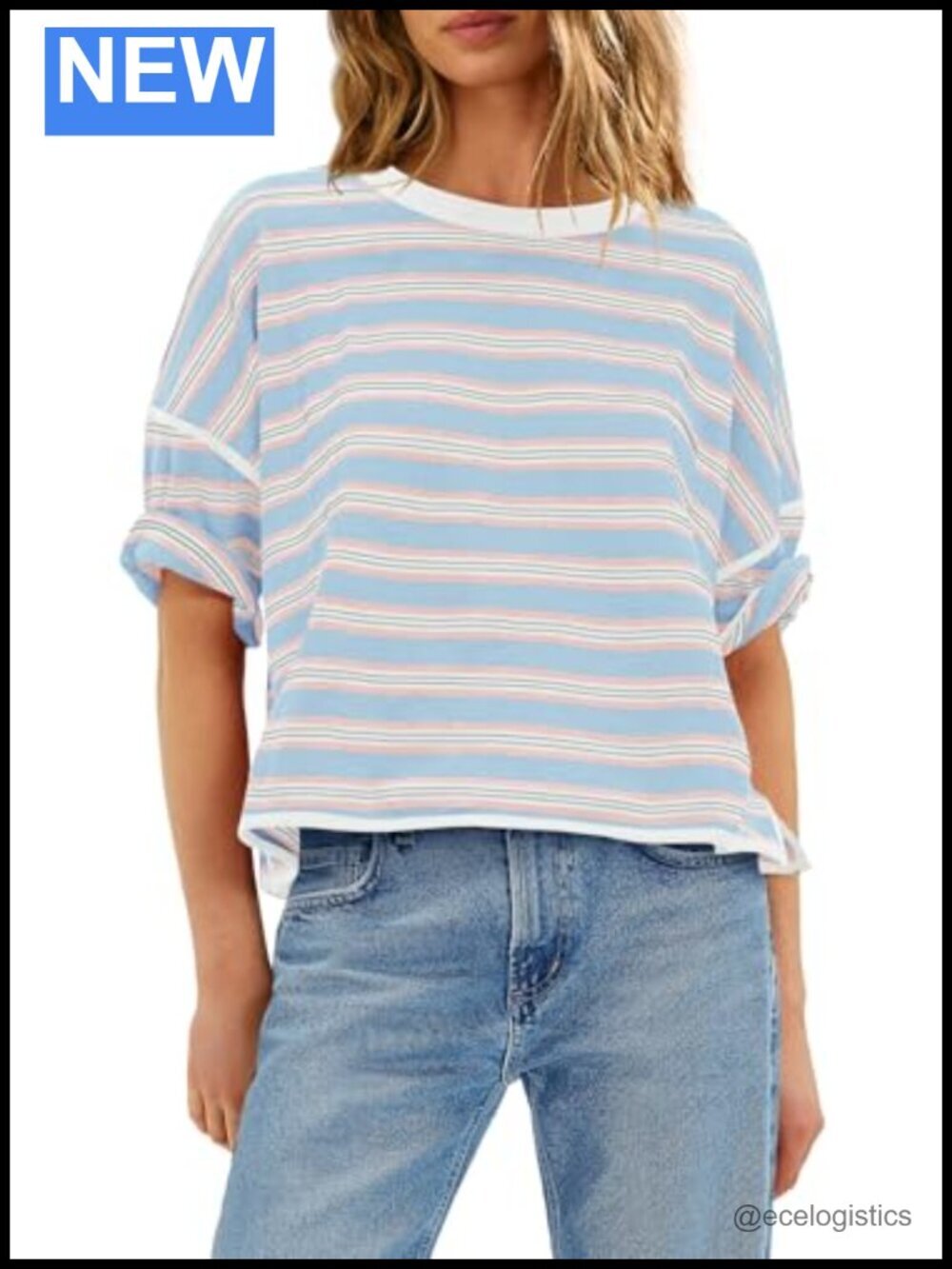 Oversized Striped Boxy T-Shirt Scoop Neck Short Sleeve